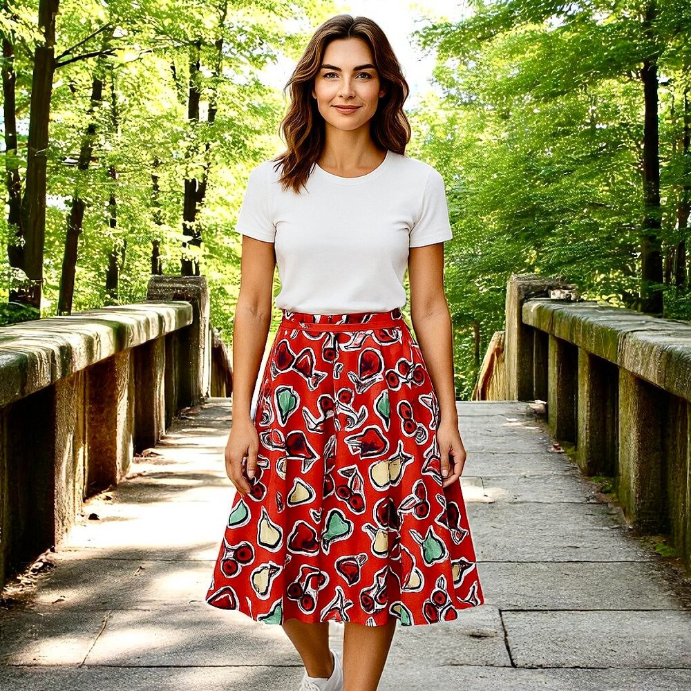 HOBBS London Red Linen Flax Fruit Print Fit Flare Midi Skirt Cherries Pears sz 8